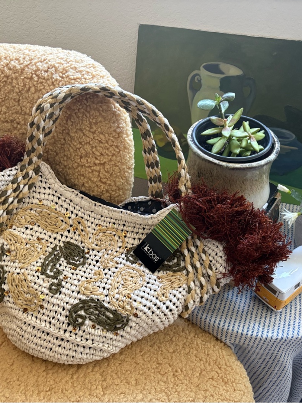 Cream Crochet Tote Bag with Olive & Mustard Embroidery